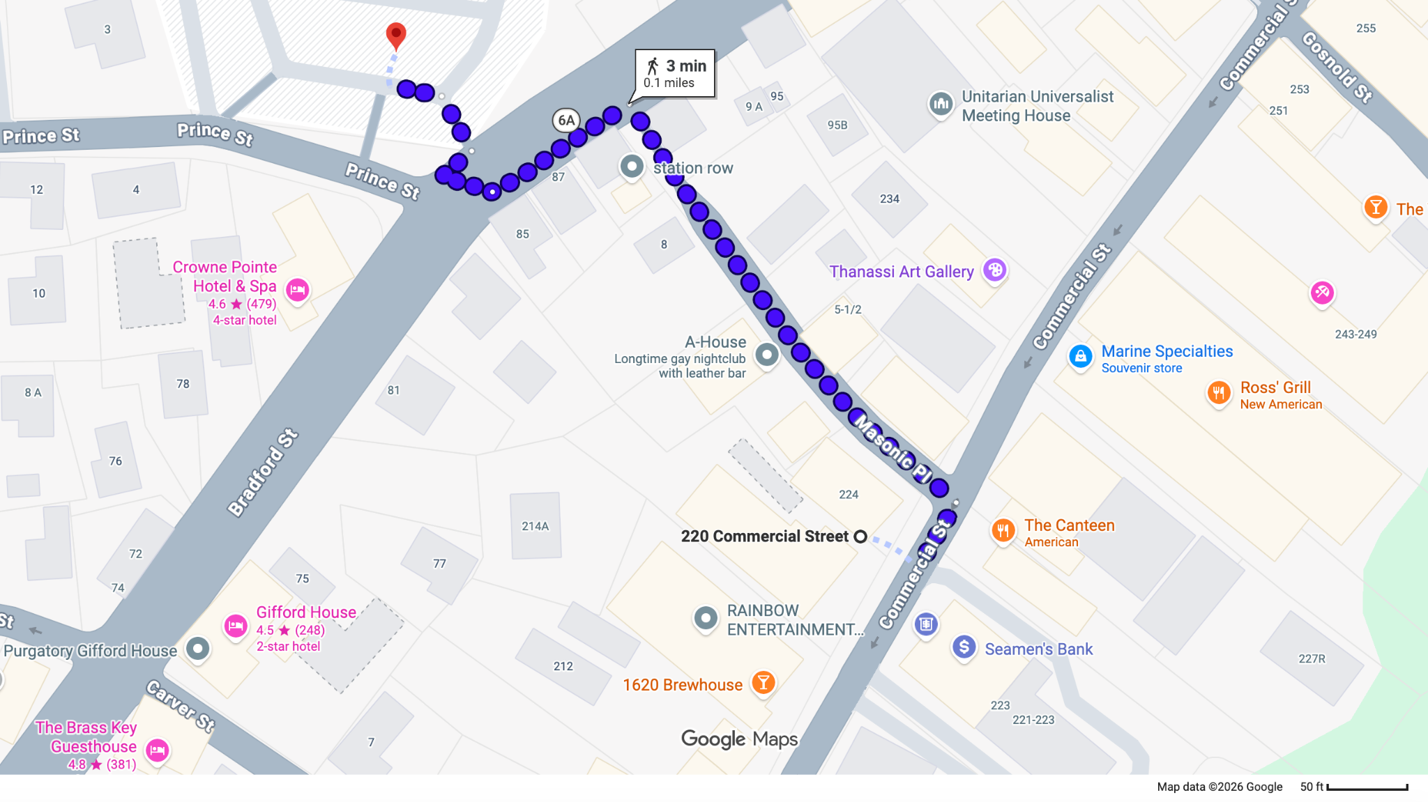 Walking route between Grace Hall Parking and 220 Commercial Street in Provincetown