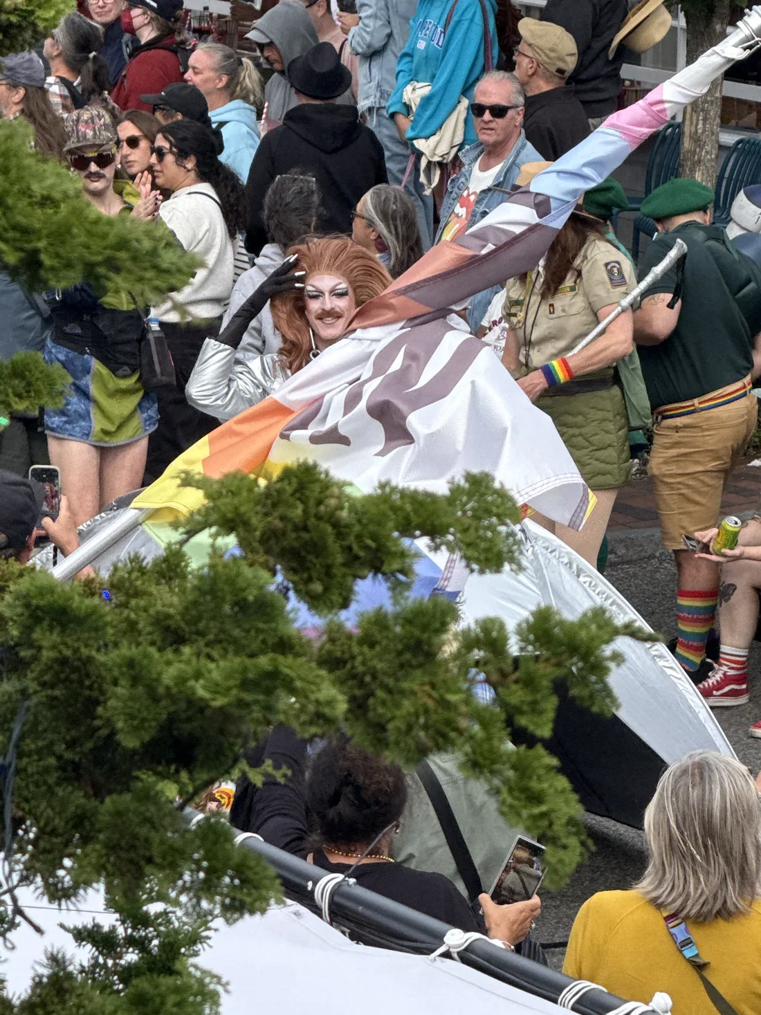 A drag performer during a Commercial Street celebration in Provincetown